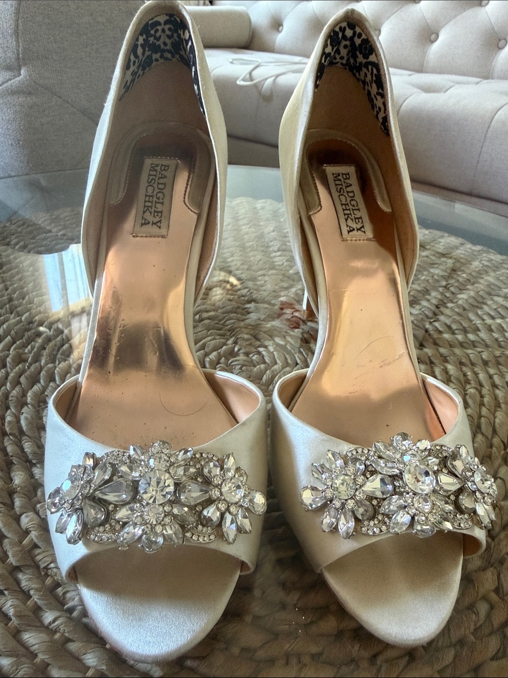 Badgley Mischka Ivory Satin Jewel-Embellished Peep-Toe Pumps